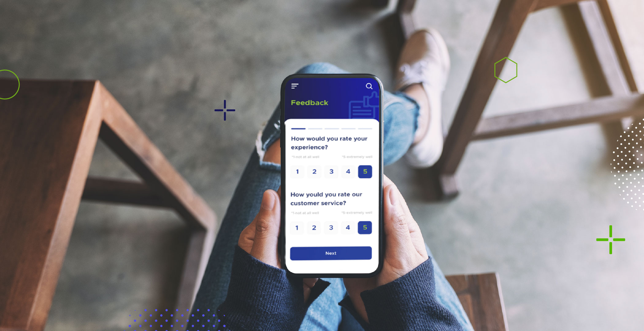 Picture of a person holding a smartphone with a feedback form.