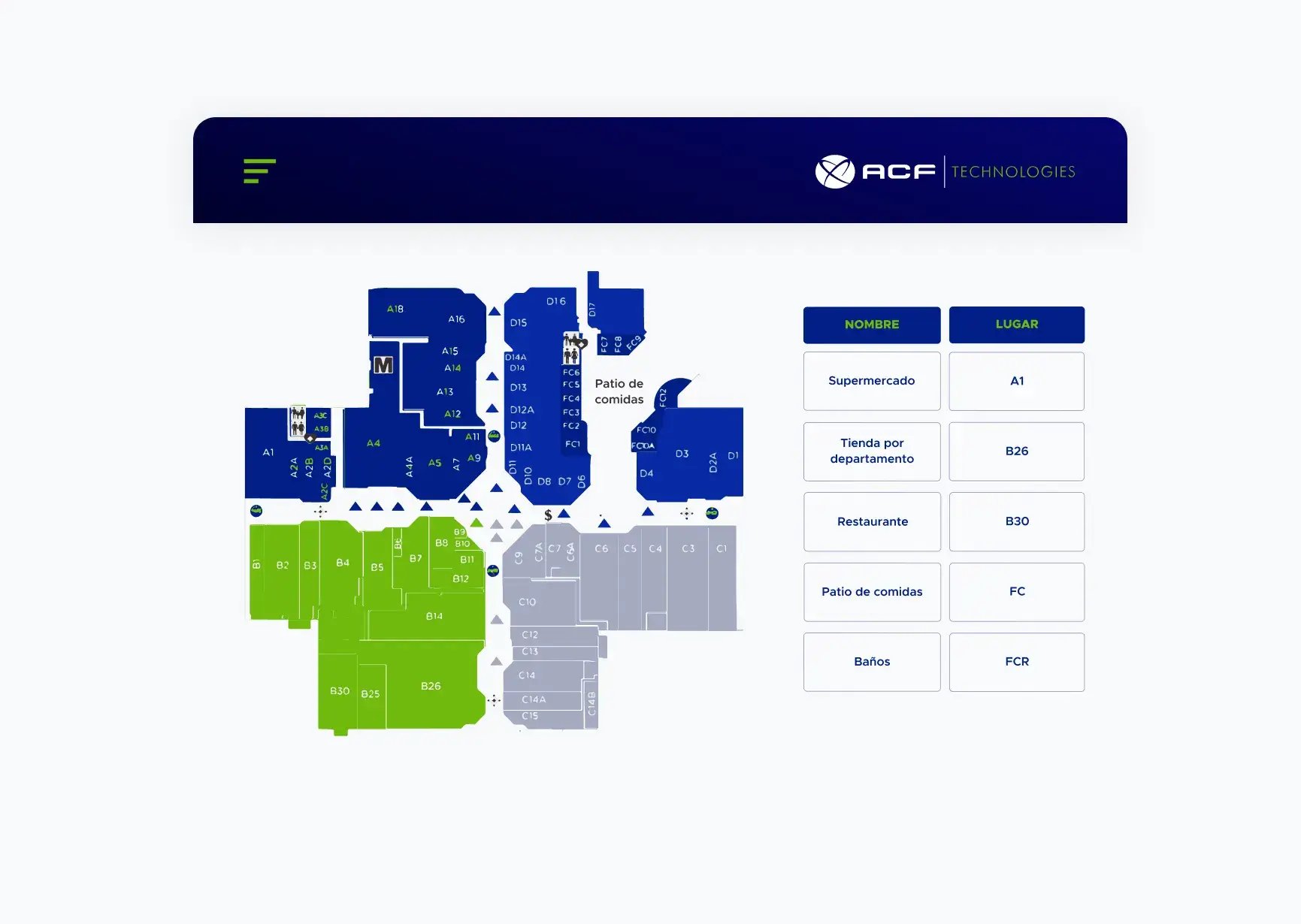 Pantalla de soluciones de filas de ACF Technologies mostrando el mapa de un centro comercial