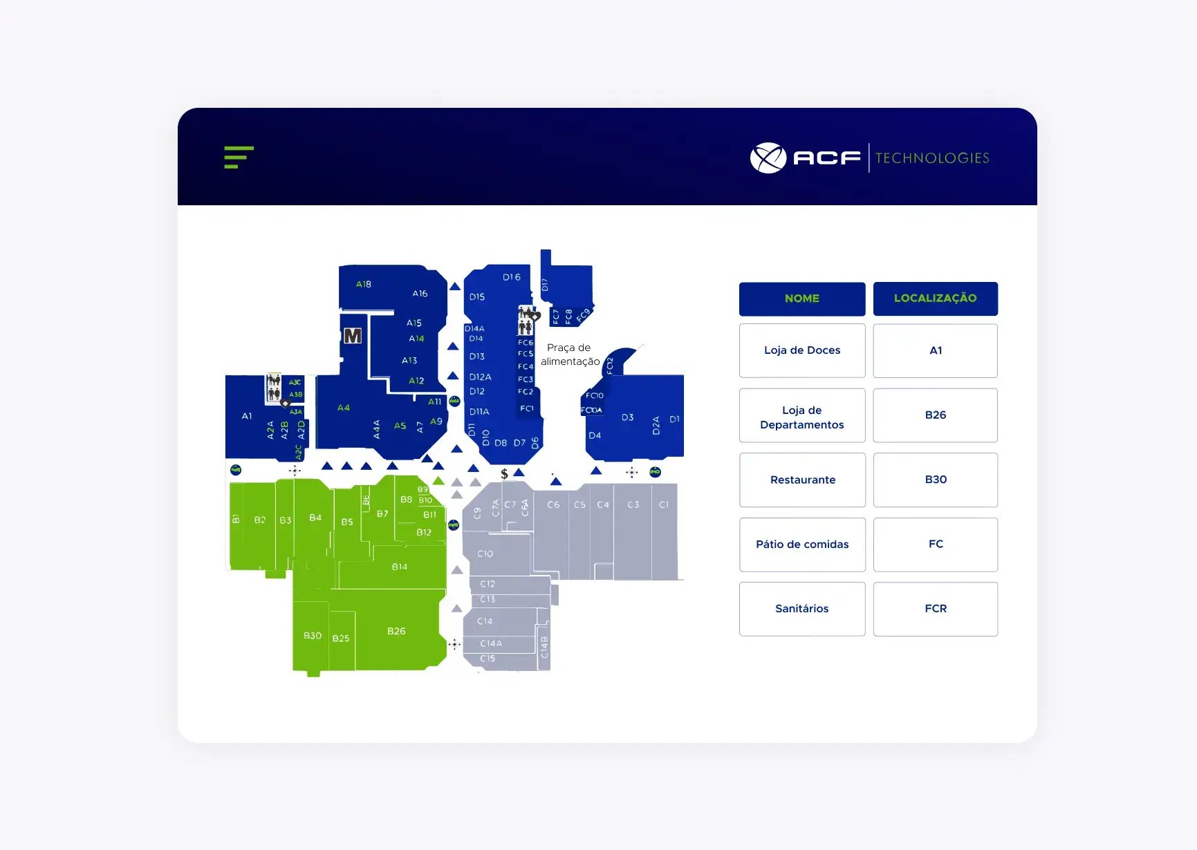 Tela de soluções de filas da ACF Technologies mostrando o mapa de um shopping center