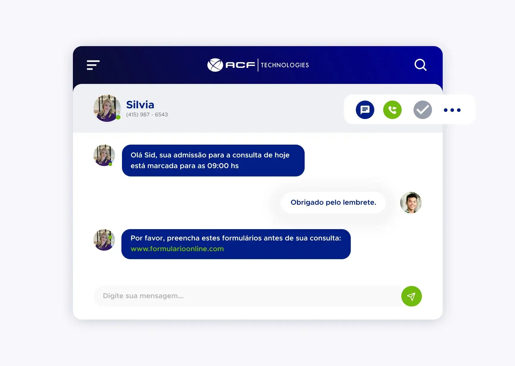Simulação de uma conversa usando a plataforma ACF Technologies