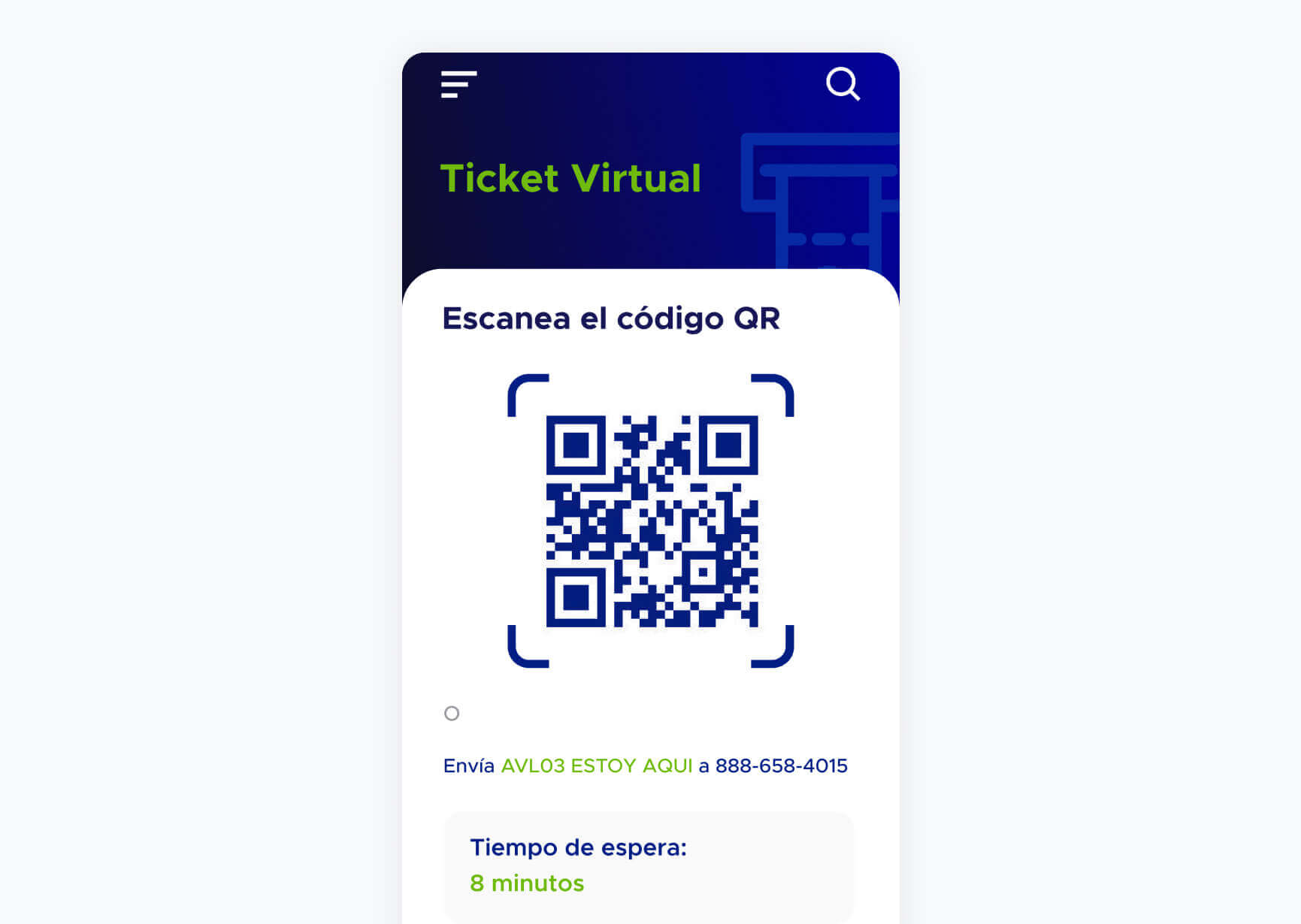 Pantalla de ticket virtual con un código QR