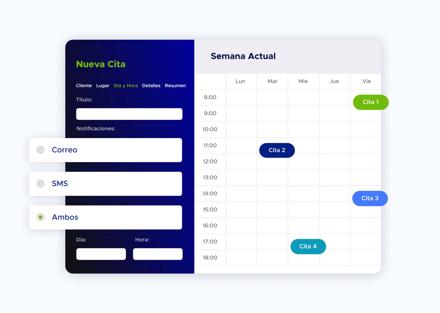 Simulación de agenda de citas de la aplicación ACF Technologies