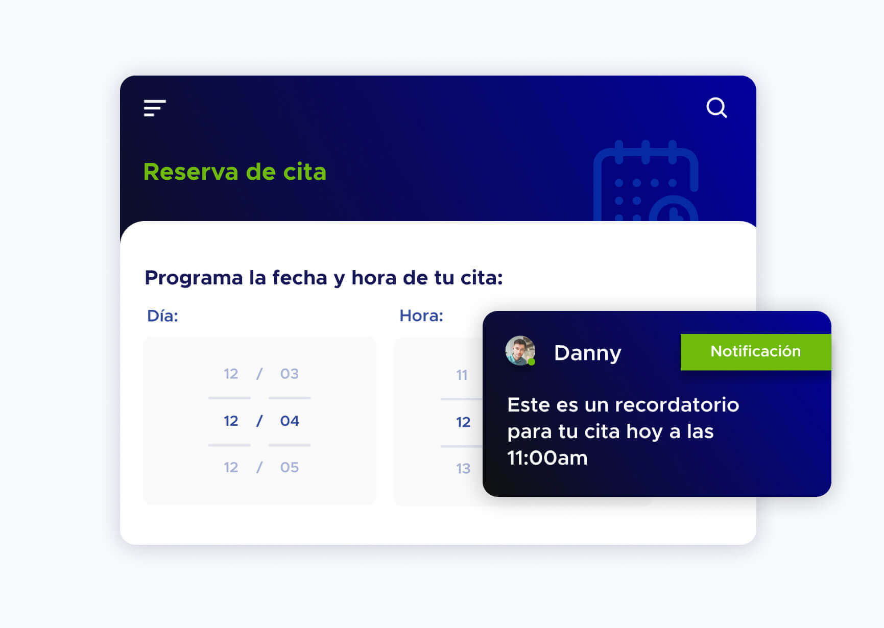 Simulación de reserva de cita y notificación de reserva de cita para hoy para Danny