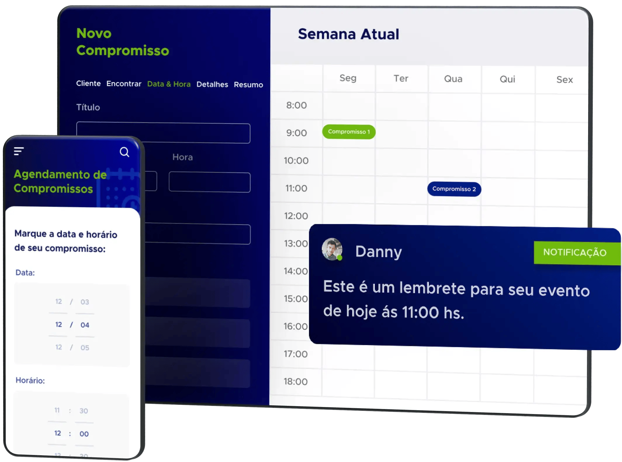 Agende a data e hora do seu compromisso para receber lembretes do seu evento no horário desejado