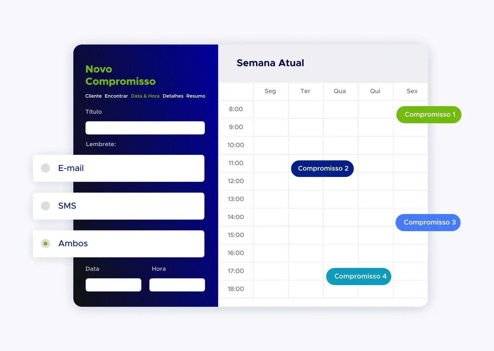 Simulação da agenda de compromissos do aplicativo ACF Technologies