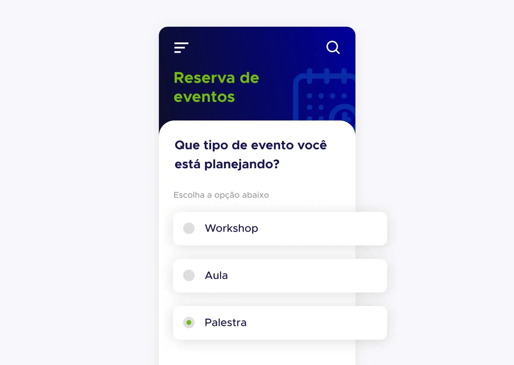 Tela de aplicativo de reserva de eventos da ACF Technologies