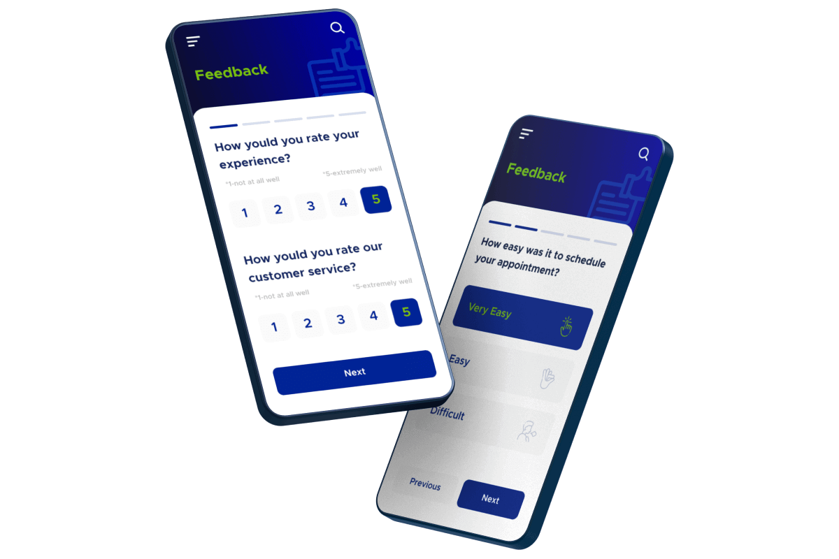 Two smartphones with screens simulating the ACF Technologies client survey