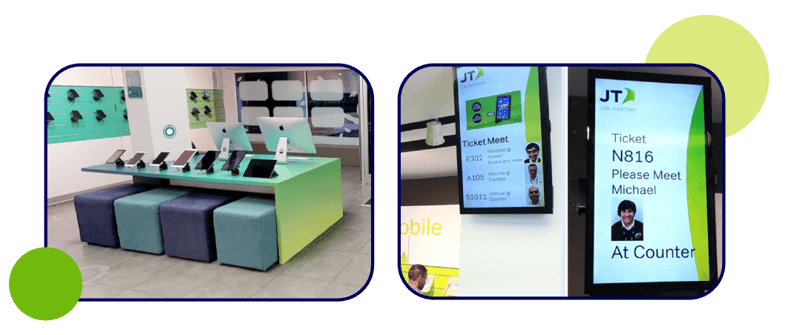vista de mostrador y de pantallas de señalización digital en una tienda de jersey telecom