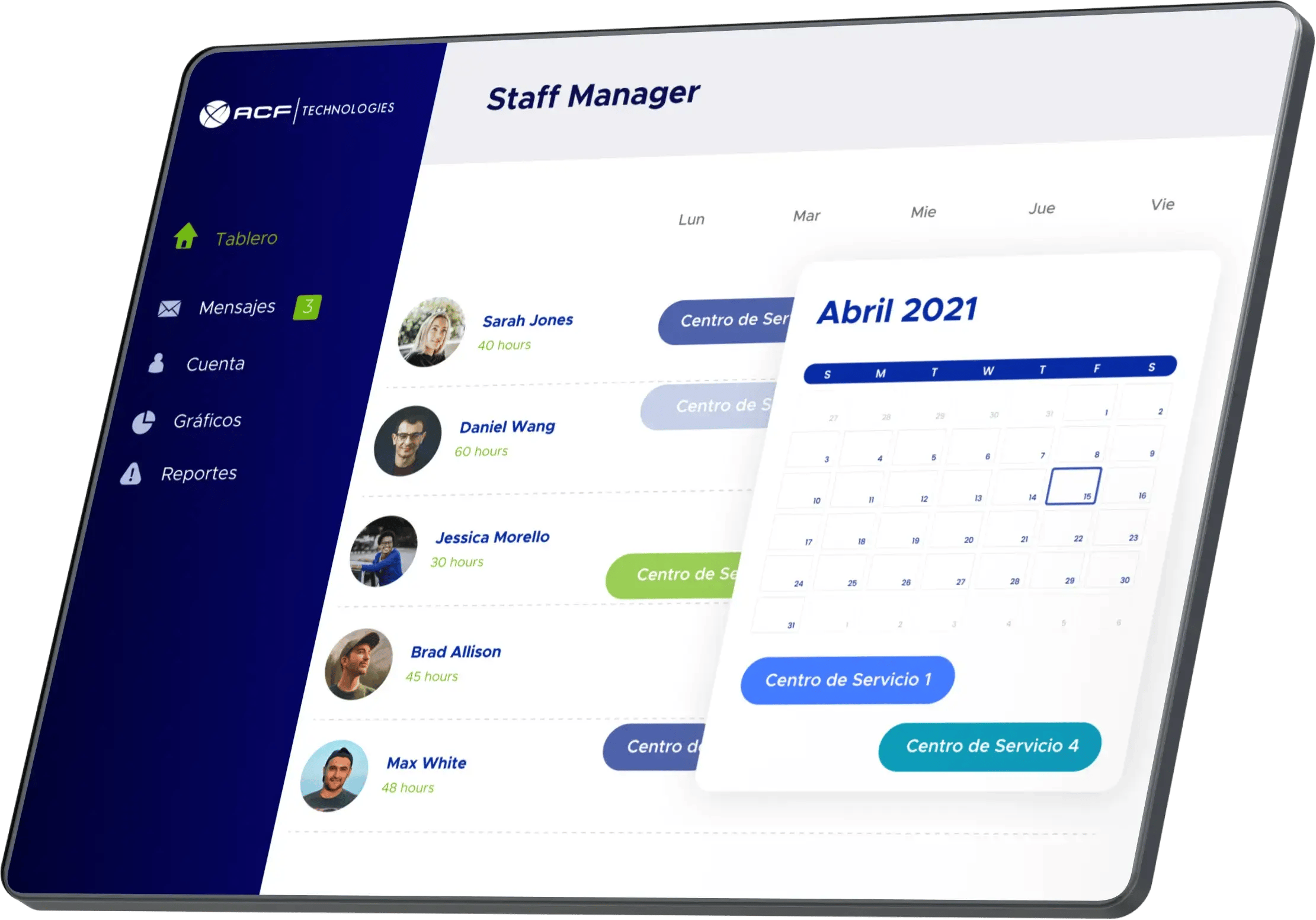 Pantalla mostrando la solución de ACF Technologies de Staff Management