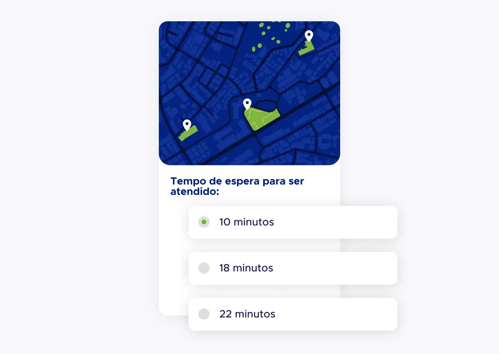 Tela de ticket virtual com tempos de espera de atendimento em locais próximos