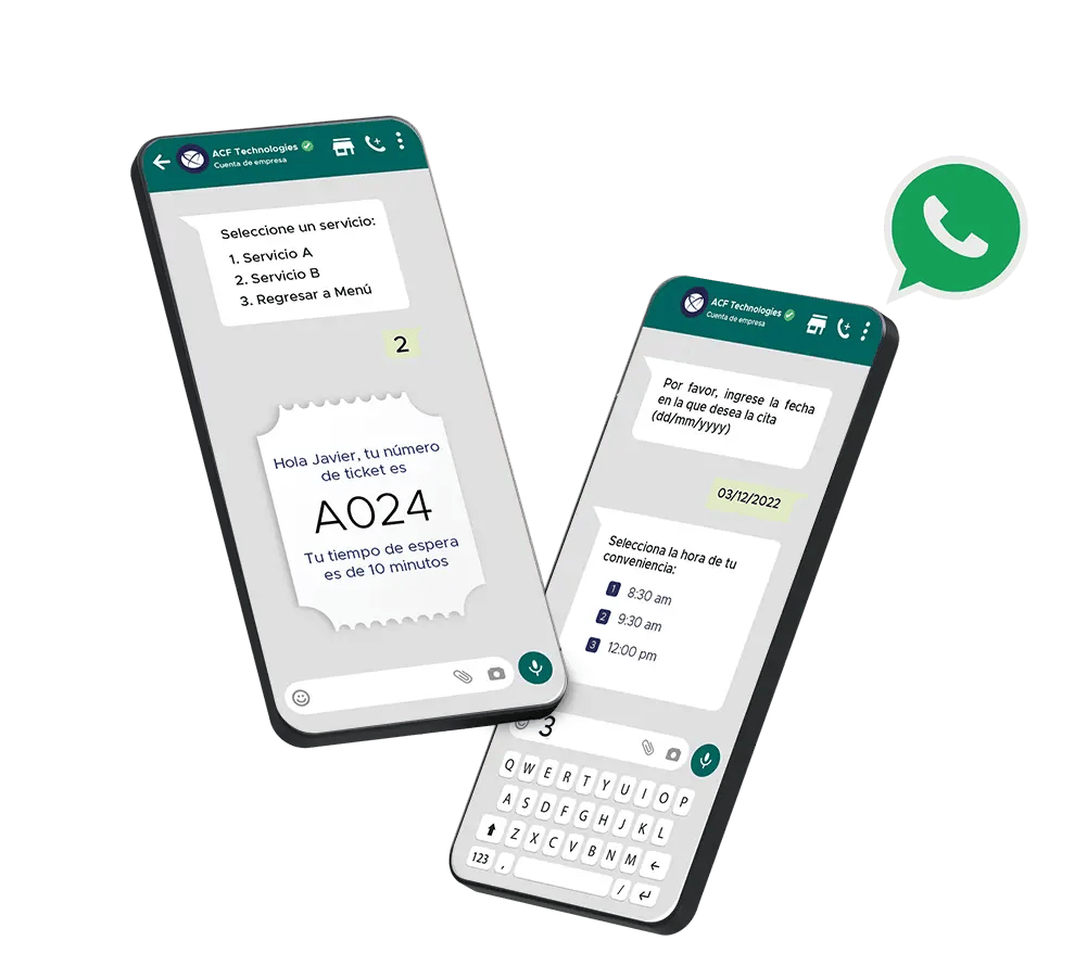 Dos ejemplos de notificaciones automáticas en la aplicación WhatsApp, selección de servicio y selección de fecha
