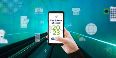 Hand holding a cell phone with the announcement of the future of retail 2023, background with graphs and the rail of an underground subway
