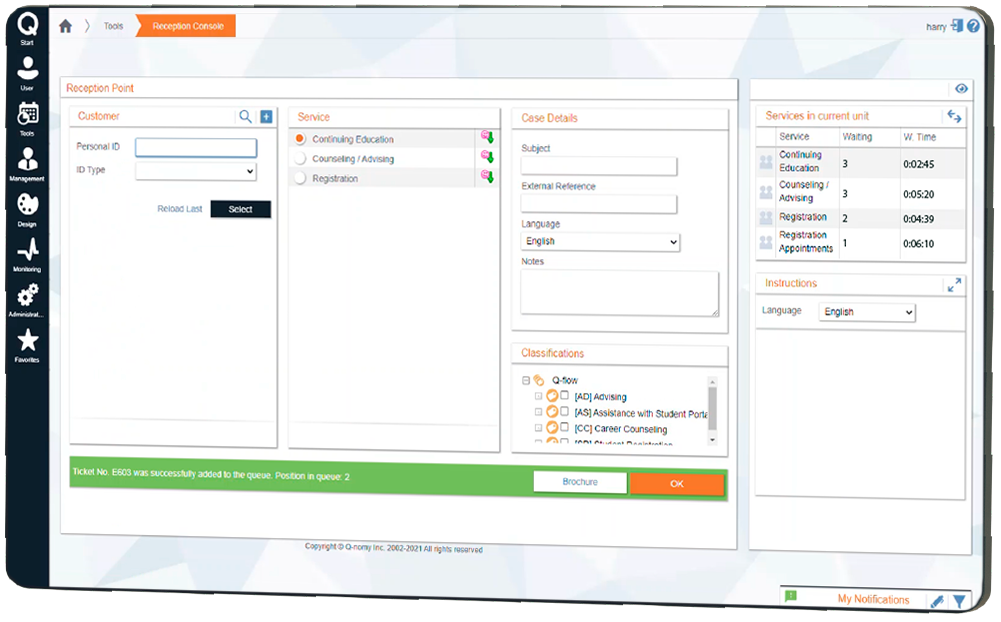 ACFTechnologies_Q-Flow_Reception_console_01_Position_in_line