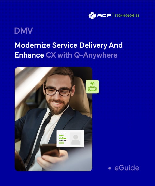 Smiling man in a car using his smartphone with a digital ID overlay, representing ACF Technologies’ eGuide on modernizing DMV services with Q-Anywhere to improve customer experience.