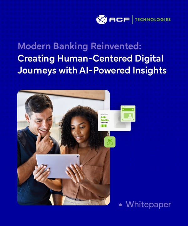 Smiling couple looking at a tablet with digital banking icons overlay, representing ACF Technologies’ whitepaper on modern banking reinvented with AI-powered insights.