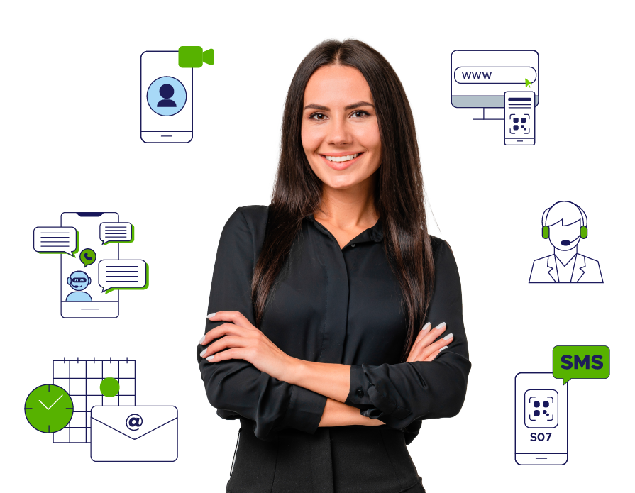 Mujer sonriendo con iconos alrededor de cita, correo, chatbots, videollamadas, ticket virtual y agente de servicio_ACFTechnologies_CustomerScience