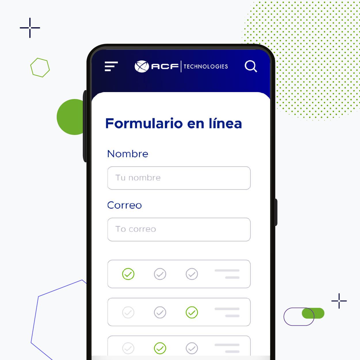 Smartphone que muestra un formulario de aCF technologies en la pantalla