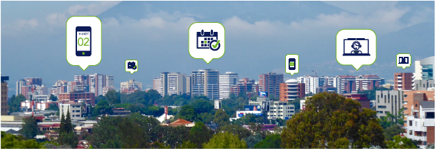 Vista aérea de Guatemala con iconos de tickets, citas, video llamadas, SMS