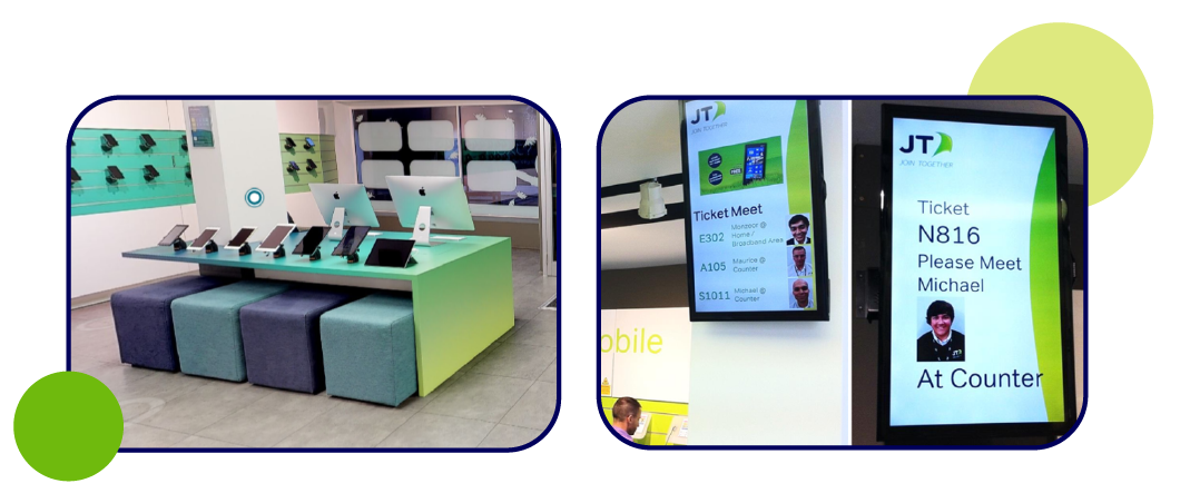 vista de mostrador y de pantallas de señalización digital en una tienda de jersey telecom