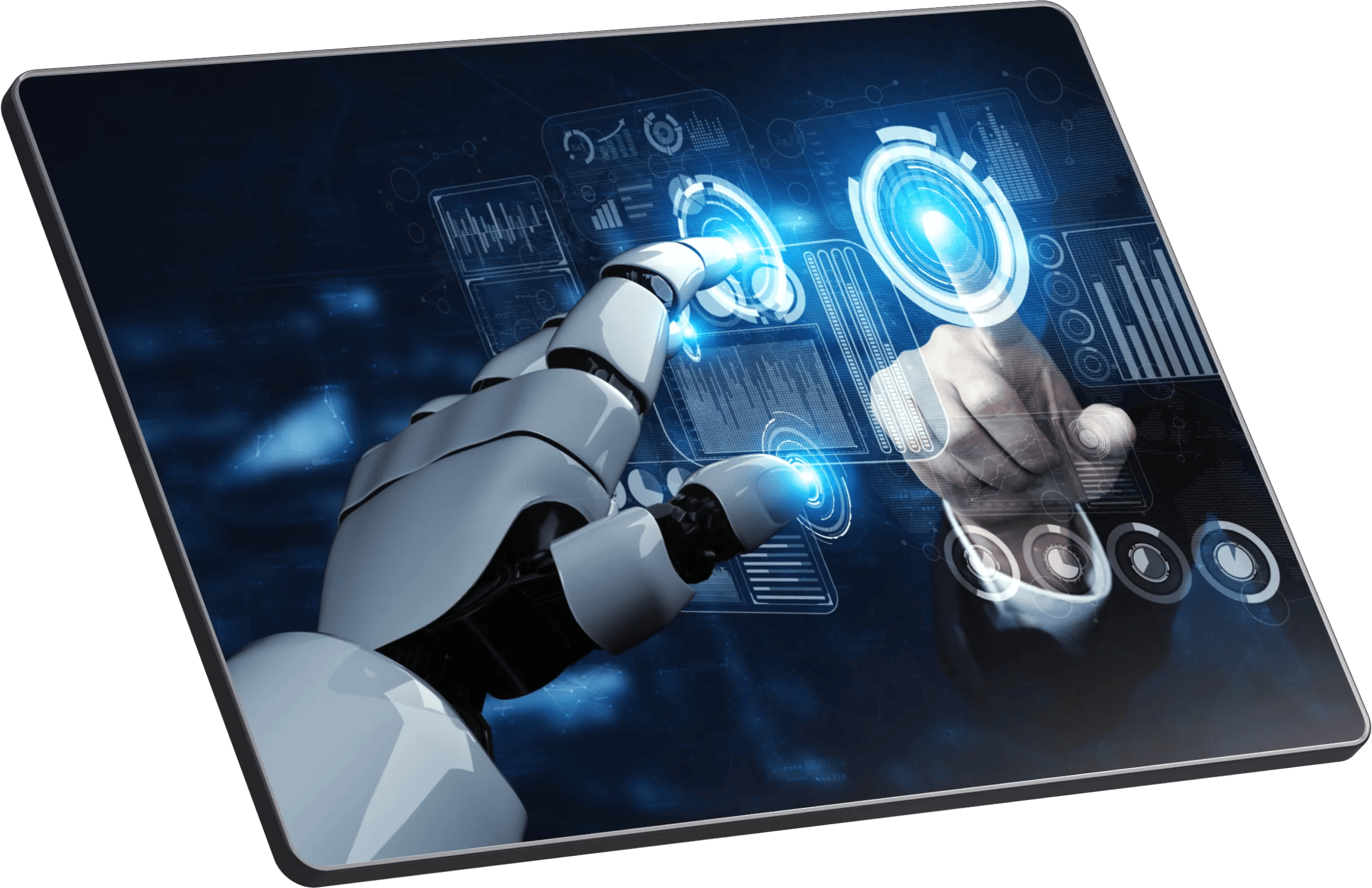 ACF SA ES Mano de robot y mano humana tocando una pantalla de ipad