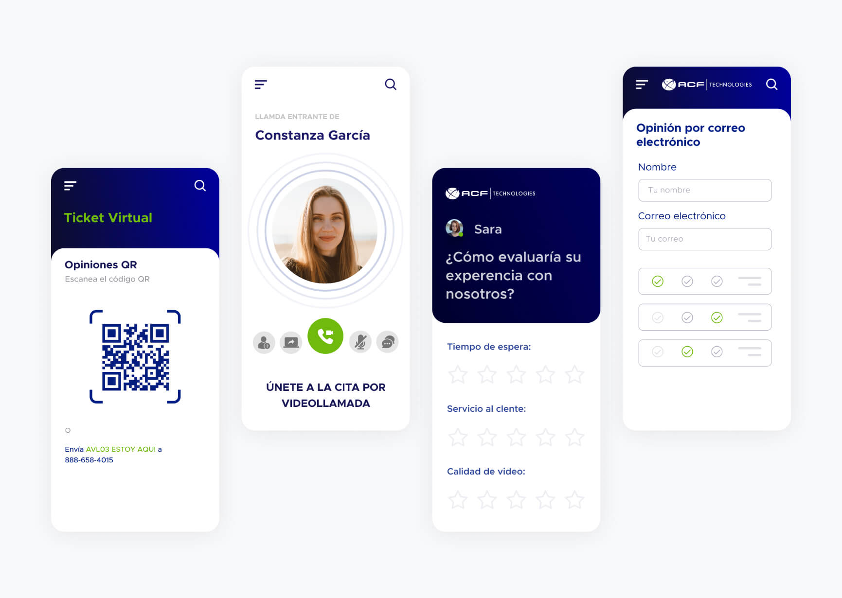 Varias pantallas de la solución móvil de encuestas realizadas con el software de ACF Technologies