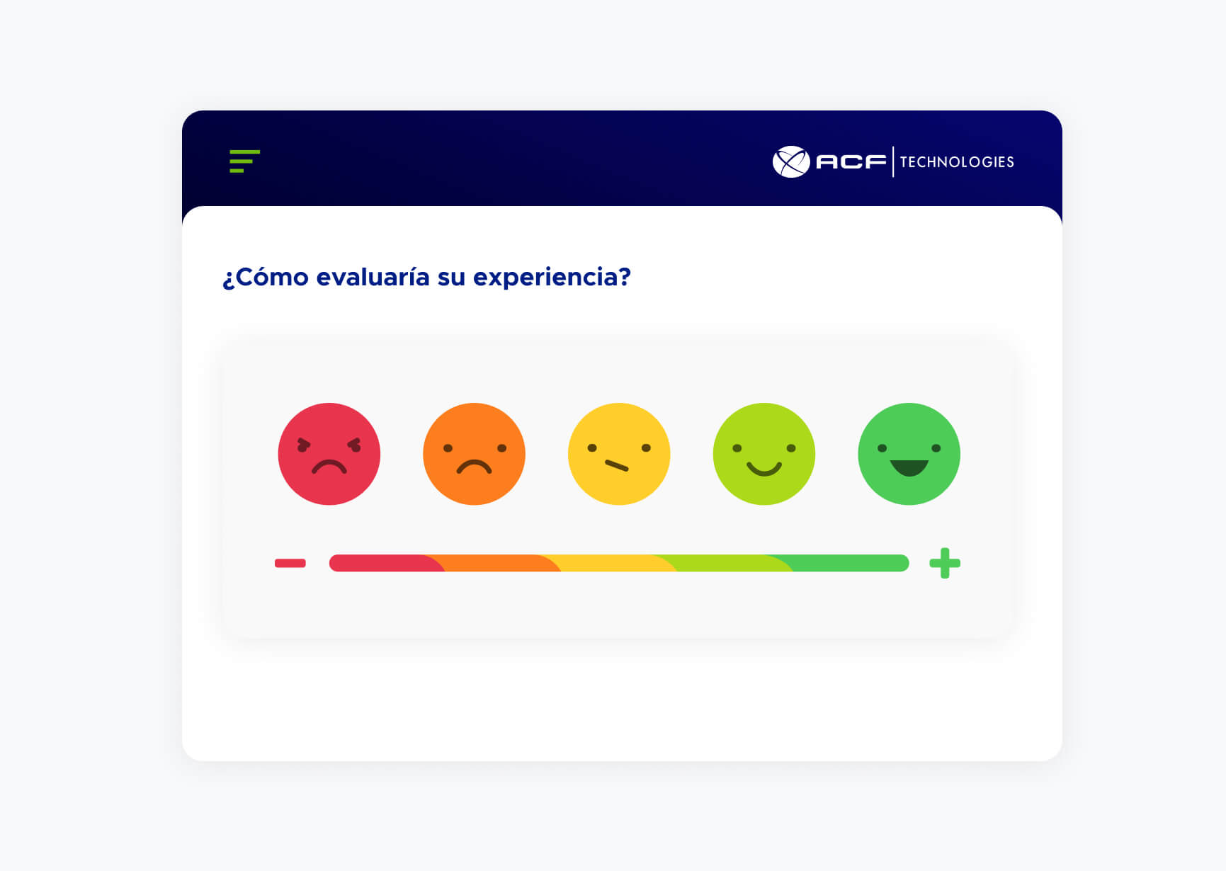 Pantalla de evaluación de experiencia con iconos de caritas desde enojado hasta feliz