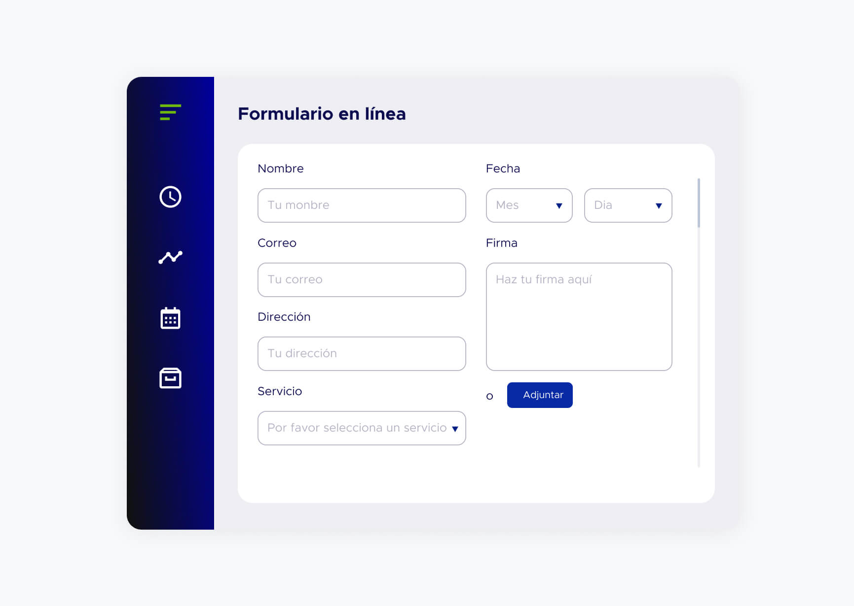 Pantalla de aplicación formulario en línea de ACF Technologies