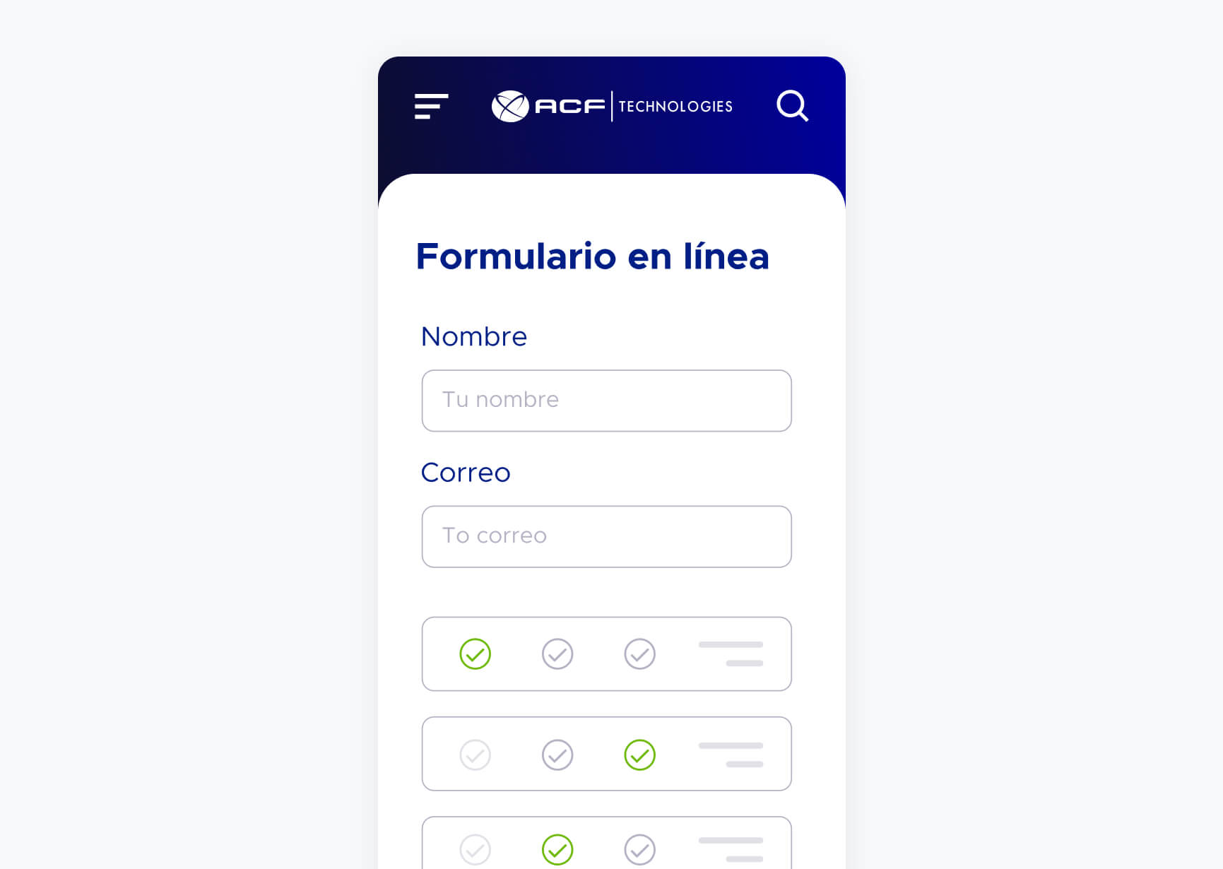 Pantalla móvil de solución formulario en línea de ACF Technologies