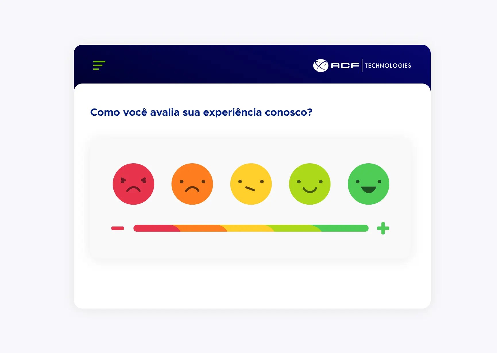 Tela de avaliação de experiência com ícones de carinhas de zangado até feliz