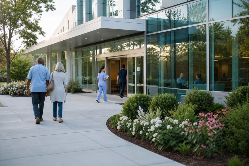 General modern healthcare facility front entrance.