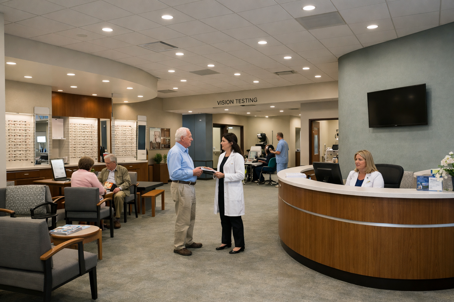 FUDEM visual health clinic lobby with ACF Technologies self-service kiosk to check-in and digital signage.