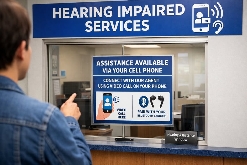 Person directed to hearing impaired window via cell phone. 