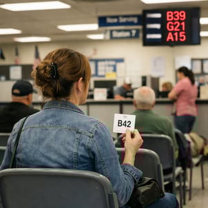 Customer waiting for service at a DMV office.