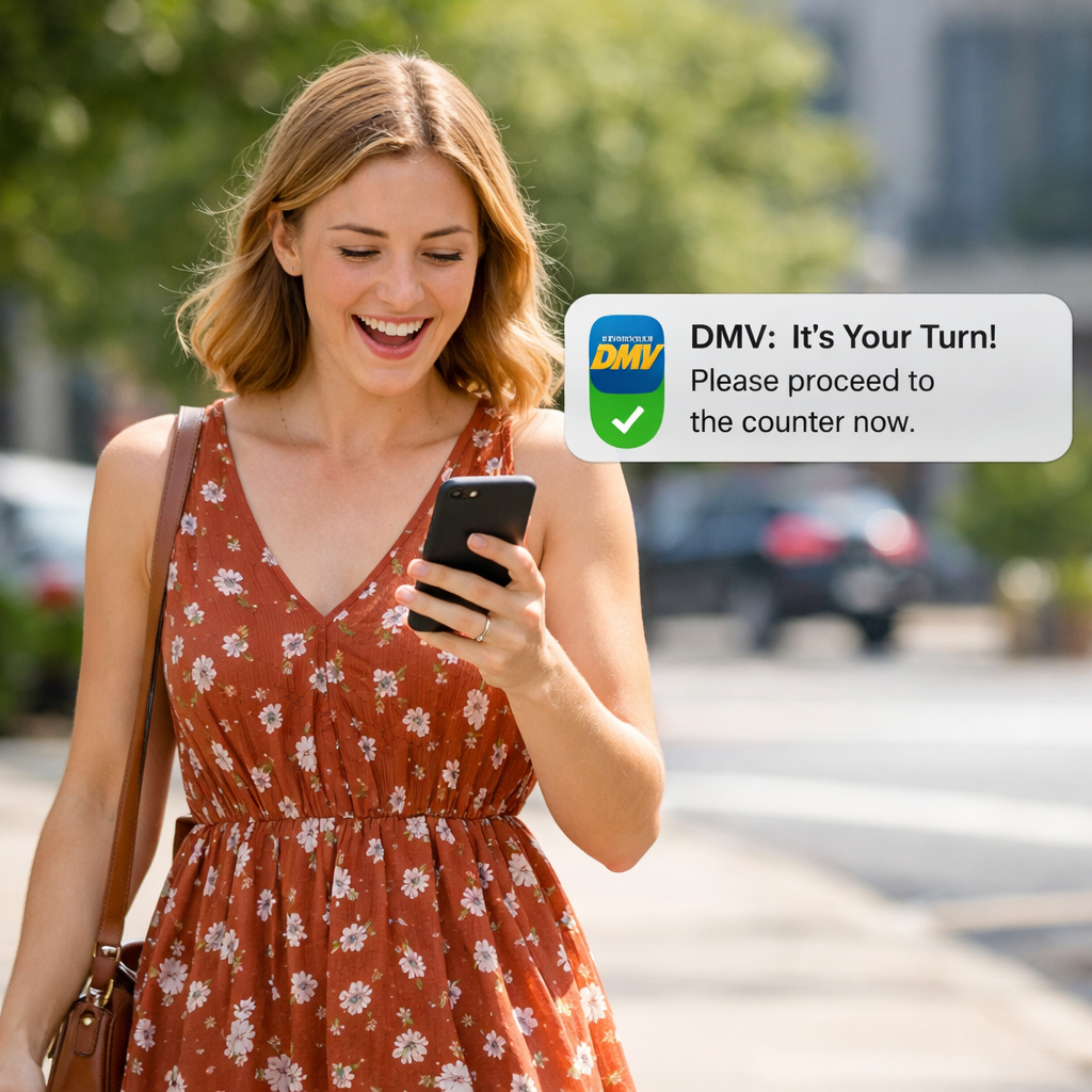A person in a dress walking outside while receiving a notification on their cell phone from the dmv that it is their turn in line.