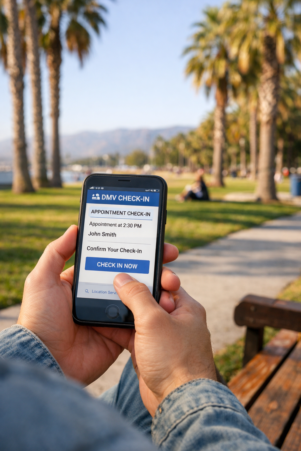 Remote DMV check in from cell phone in a park.