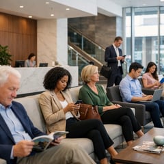 people waiting in an office lobby do not include any text in the image