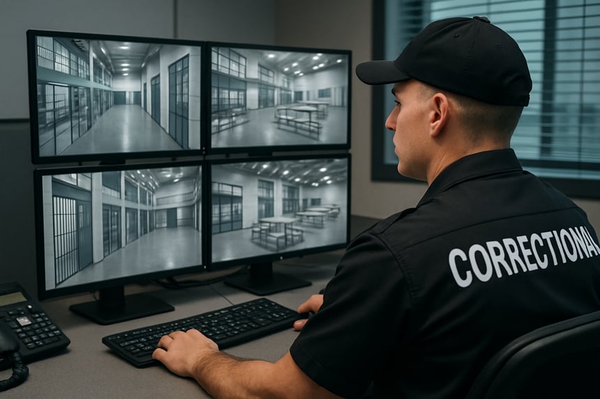 photographic A and officer working at modernized computer system in correctional facilities