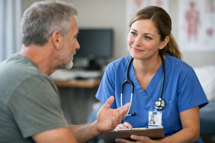 Nurse listening to patient feedback during a healthcare consultation to improve care experience and service quality.