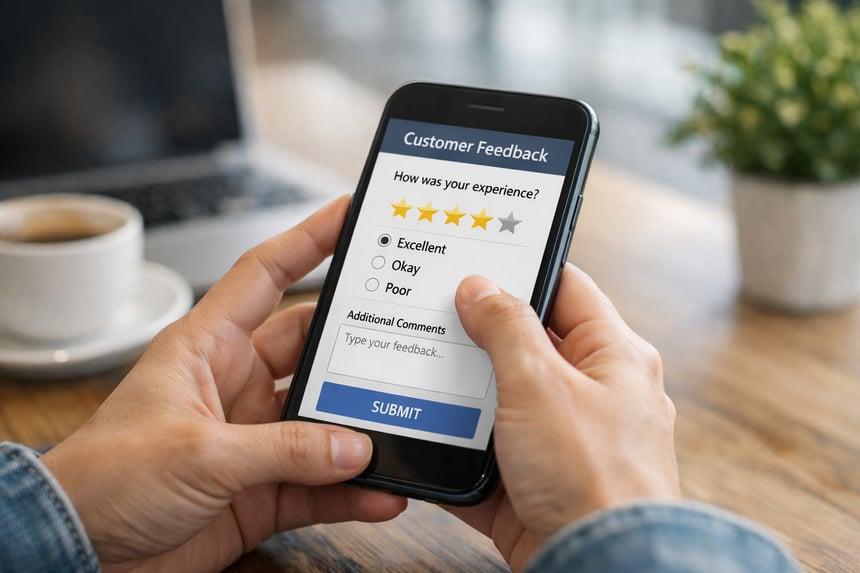 photographic A person filling out a customer feedback form on their phone in a modern setting