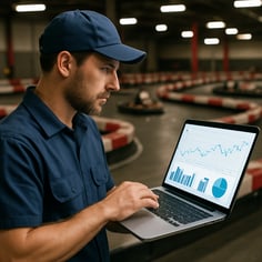 photographic A worker analyzing data trends for an indoor racing facility