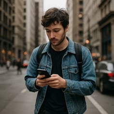 photographic A young adult looking at their phone while walking in the city-1