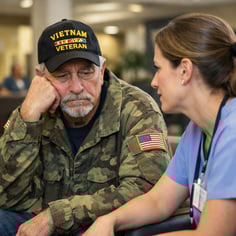 photographic a disappointed veteran talking to a nurse in a hospital lobby