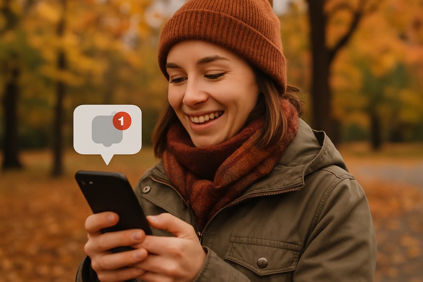 photographic a person getting a notification on their cell phone outside in fall weather