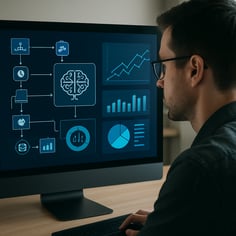 photographic a person looking at AI workflow analytics on a computer screen without words-1