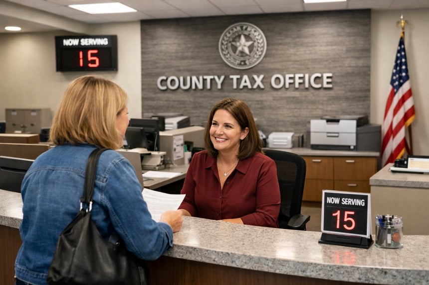 Resident speaking with staff at the front desk of a modern county tax office