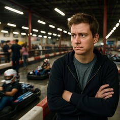 photographic a person waiting uneasily at a busy indoor raceway center-1