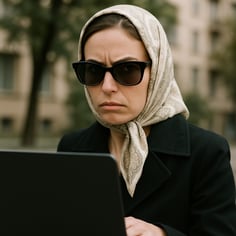 photographic a woman in sunglasses and a head scarf with a lap top looking suspicious-1