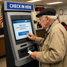 photographic an elderly citizen checking in for an appointment at a government office at a kiosk