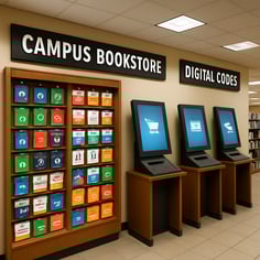 photographic campus bookstore with digital codes and kiosks