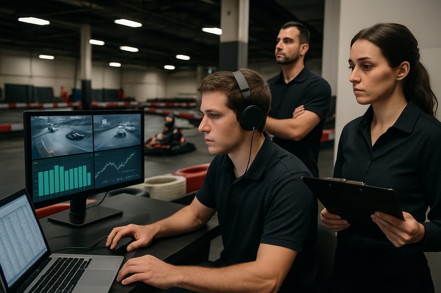 photographic indoor racing facility with staff analyzing data but no words-1